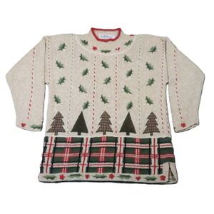 Vtg‎ BellePointe Christmas Tree Sweater XL Beige Applique Holiday Grandma Holly